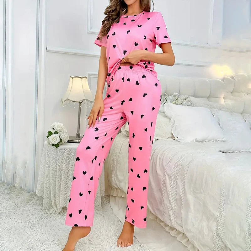 Women's Pajamas Set Casual Home Clothes Soft Comfortable Crew Neck T-Shirt & Plaid Pants Sleepwear Piece Loungewear Pyjama Femme