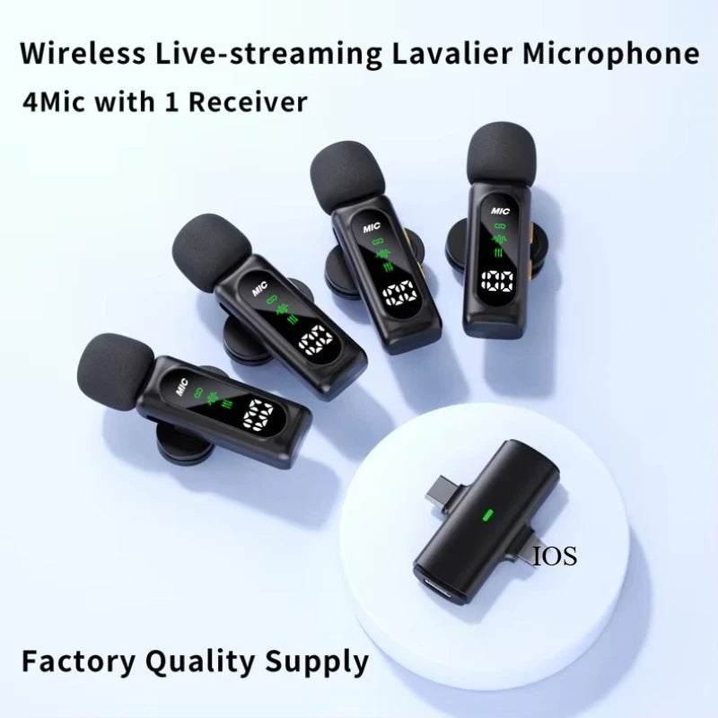 Wireless Lavalier Microphone Set with 4 Receivers Noise-Canceling Mini Mic for iPhone Android Portable Audio Video Recording