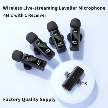 Wireless Lavalier Microphone Set with 4 Receivers Noise-Canceling Mini Mic for iPhone Android Portable Audio Video Recording