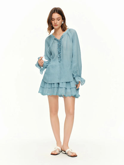 DUSHU 【Breathable Series】Summer Women's Linen Shirt Skirt Set Relaxed Fit Effortless Style Vacation Summer Getaways