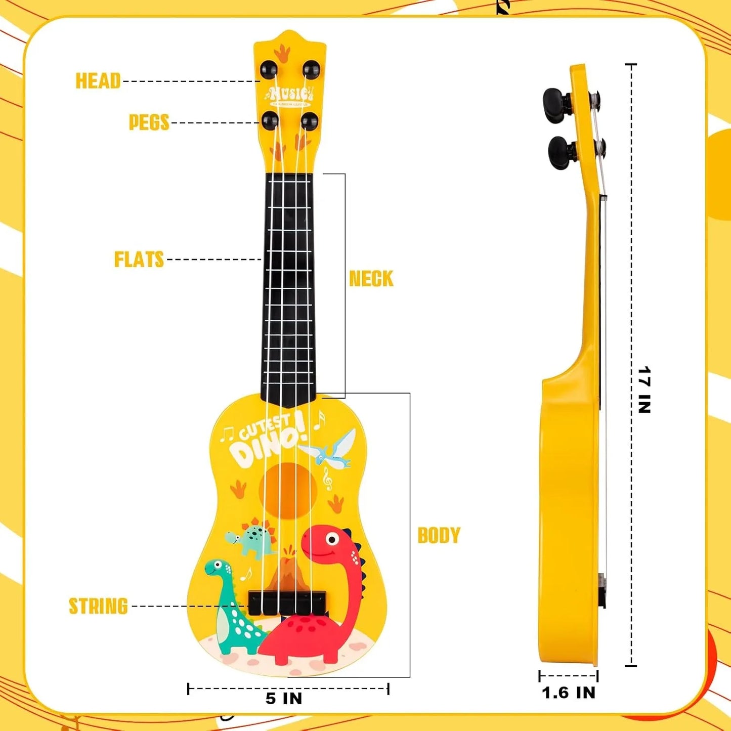 17 Inch Mini Kids Classical Guitar 4-String Ukulele - Dinosaur Design, Christmas Birthday Gift, Musical Toy for Beginners, Party