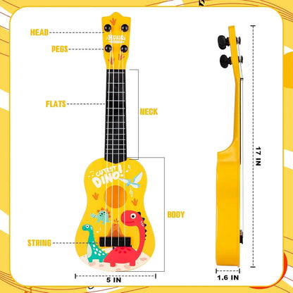17 Inch Mini Kids Classical Guitar 4-String Ukulele - Dinosaur Design, Christmas Birthday Gift, Musical Toy for Beginners, Party
