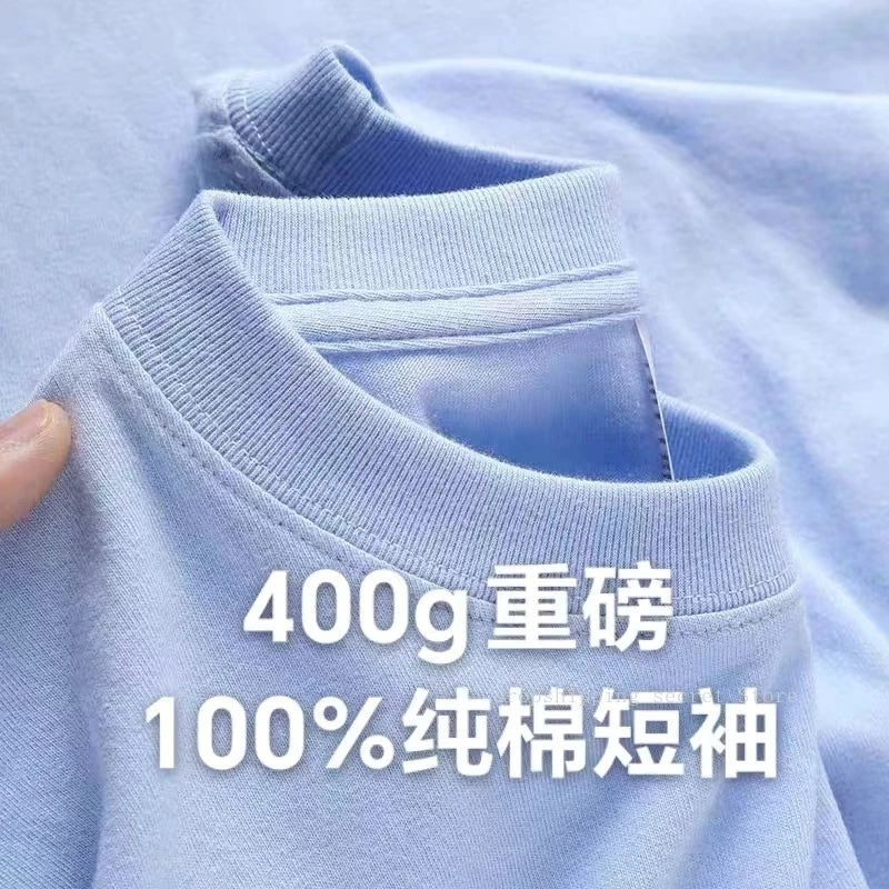 Cyan 400g Heavyweight Cotton Short-sleeved T-shirt Summer Small Neckline Loose Thick Impermeable Men and Women Tees