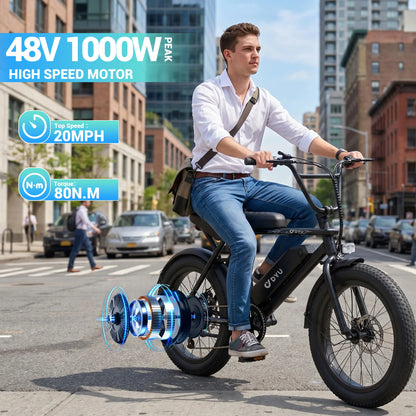 DYU BMX Electric Bike 20*3.0 Fat Tire E-Bike 48V 13Ah Removable Battery 1000W Peak Motor City Electric Bicycle for Adults