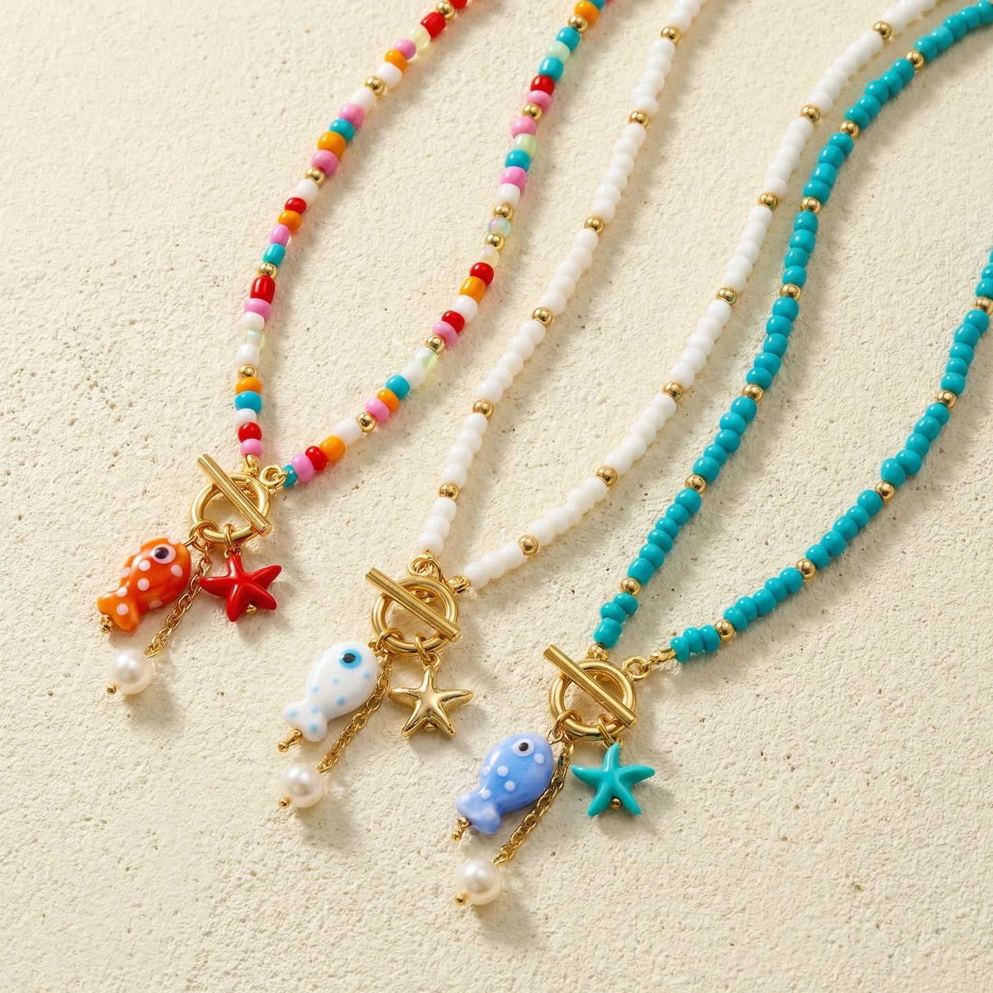 Bohemian Ceramic Fish & Starfish Pendant Necklaces for Women Men Colorful Rice Beaded Chain Necklaces Lightweight Beach Jewelry