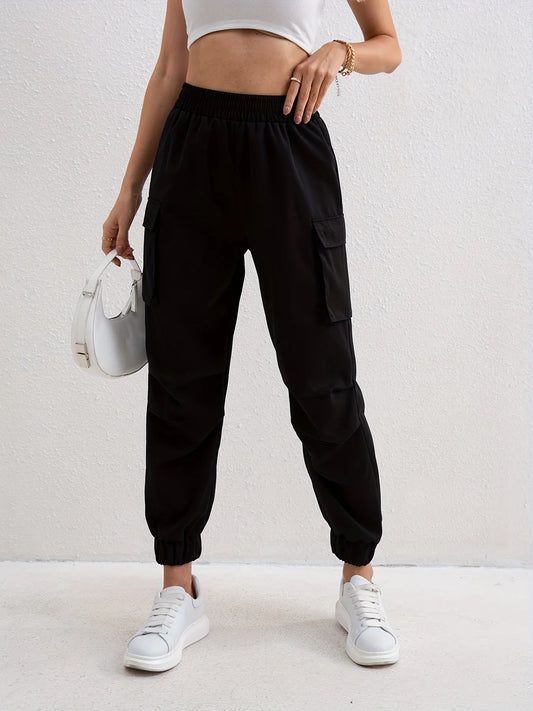 Solid Color Trendy Women's Loose Workwear Trousers Elastic Waist Multiple Pockets Cargo Pants Versatile Comfortable Fit