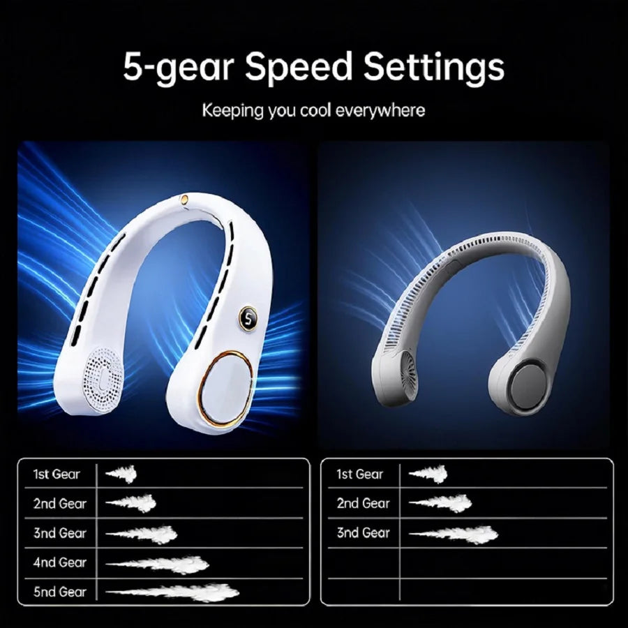Portable Neck Fan, Hands Free Bladeless Fan, 5 Speeds, 3000 mAh Battery Operated Wearable Personal Fan, Twistable, Rechargeable
