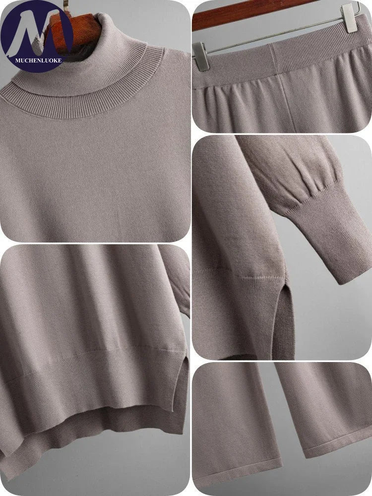 Women's Two Piece Set Autumn Winter High Collar Slit Knitted Sweater Pullover Fashion Casual Loose High Waist Pant Ensemble