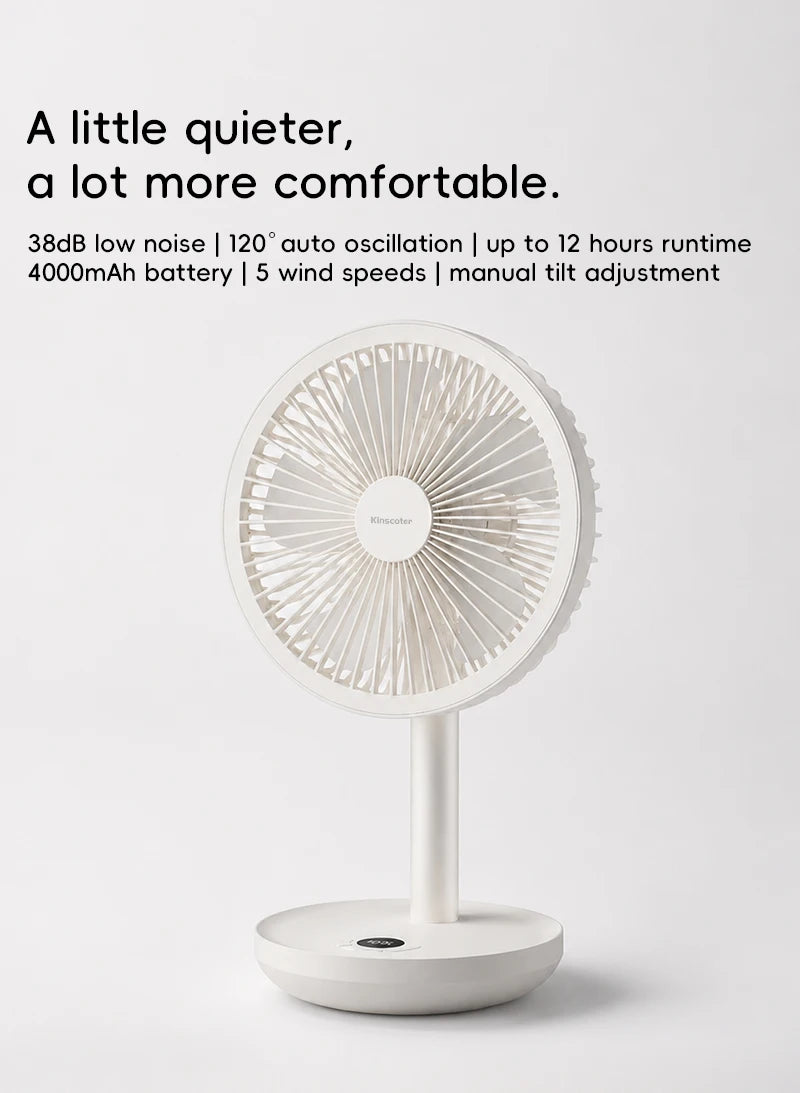 BLDC Oscillating Desktop Fan 4000mAh 5 Wind Speeds Silent Portable Rechargeable Fan with Timing Function for Home Room Gift