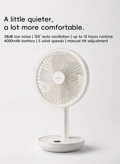 BLDC Oscillating Desktop Fan 4000mAh 5 Wind Speeds Silent Portable Rechargeable Fan with Timing Function for Home Room Gift