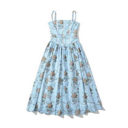 YENKYE Lace Trim Floral Print Sexy Sling Dress Women Elegant A-line Midi Summer Vacation Party Dresses New 2026 Clothes