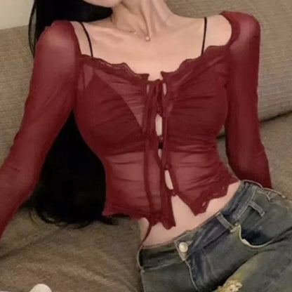 Streetwear Burgundy Mesh Tops Long Sleeve Lace Up Square Collar T Shirt Women Crop Top Spring Summer Y2k  Chic Tops