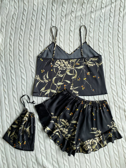 Elegant Floral Print Cami Tops Ruffle Hem Shorts Pajama Set  Women's Sleepwear Loungewear