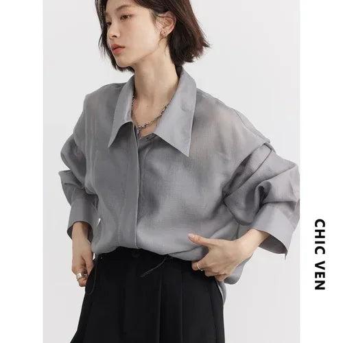CHIC VEN Women Thin Shirt Long Sleeve Casual Loose Slightly Transparent Cool Blouses Woman Solid Design Female Top Summer 2026