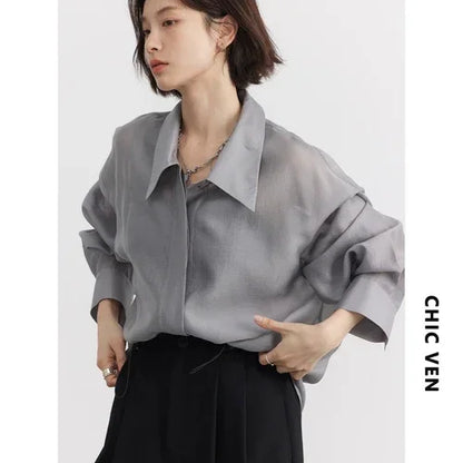 CHIC VEN Women Thin Shirt Long Sleeve Casual Loose Slightly Transparent Cool Blouses Woman Solid Design Female Top Summer 2026