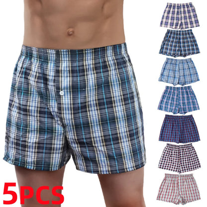 5Pcs/lot Men Plaid Boxer Summer Thin Shorts Underwear Casual Elastic Waistband Button Mens Boxer Underwear Woven Shorts for Home
