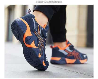 Boys Leather Sneakers - Kids Running Shoes With Rubber Outsole & Hook And Loop Closure