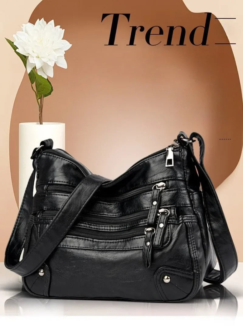 Soft Leather Shoulder Bag - Women's Crossbody Double Layered Large Capacity Tote