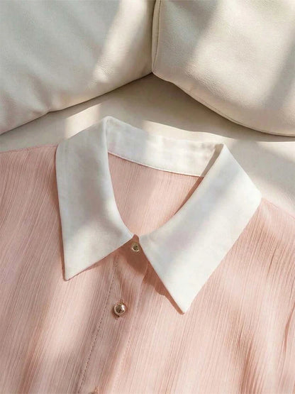 Summer Women Short Sleeve Chiffon Blouse Elegant Contrast Collar Pearl Button Office Casual Textured Breathable Fashion Tops