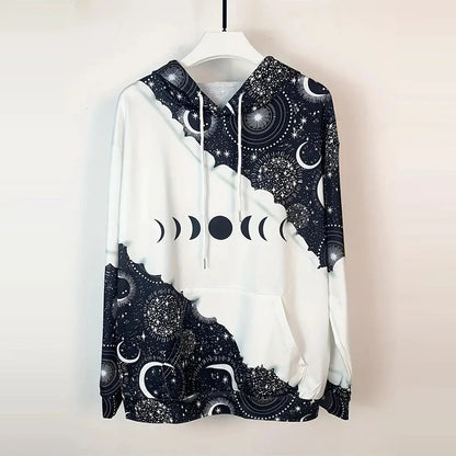 Moon Print Drawstring Hoodie Casual Long Sleeve Hooded Sweatshirt Women's Clothing