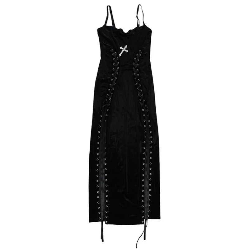Goth Dark Punk Grunge High Split Hem Straps Dess 90s Streetwear Gown Women Sexy Corn Bandage Velvet Dresses Mall Gothic Clothing