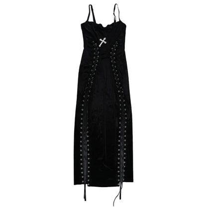 Goth Dark Punk Grunge High Split Hem Straps Dess 90s Streetwear Gown Women Sexy Corn Bandage Velvet Dresses Mall Gothic Clothing