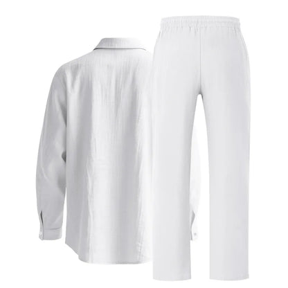 Men's Autumn Loose Trend Linen Solid Color Simple Lapel Long-Sleeved Shirt Beach Trousers Set