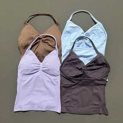 Women Yoga Vest - Longline Strappy Top | Breathable Fitness Tank Top Open Back Halter