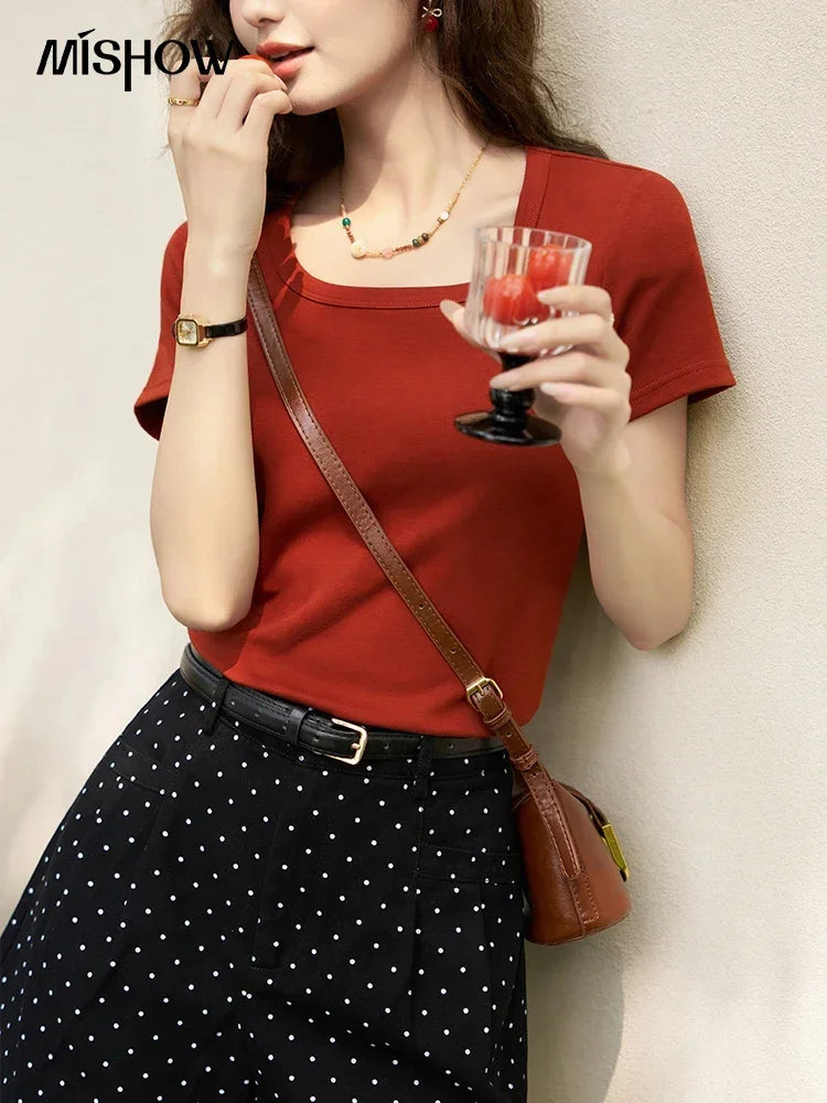 Women's Square-Neck T-Shirt – Elegant Cotton Short-Sleeve Top