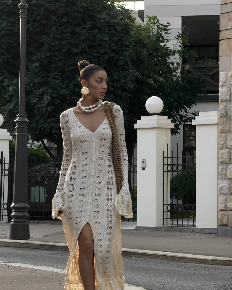 Deep V Neck Long Cardigan Dress - Elegant Hollow Knit Cover Up for Women