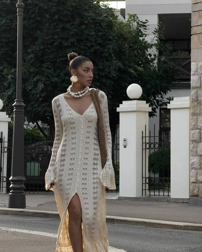 Deep V Neck Long Cardigan Dress - Elegant Hollow Knit Cover Up for Women