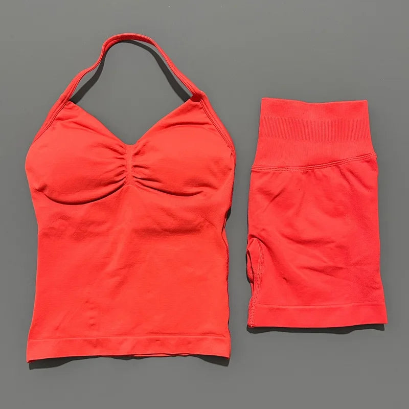 2Pcs HISTELLO Yoga Set Women Halter Tank Top Scrunch Butt Lifting Shorts Ruched Anti Chafe Quick Dry Gym Workout Sports Set
