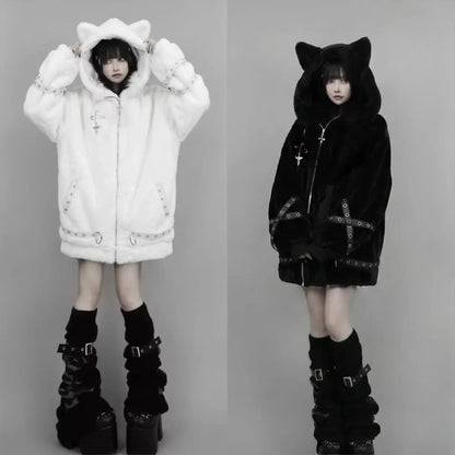 Vintage Punk Style Hoodie Long Sleeve Faux Fur Women Casual Zipper Hooded Gothic Y2K Subculture Harajuku Sweatshirts Autumn