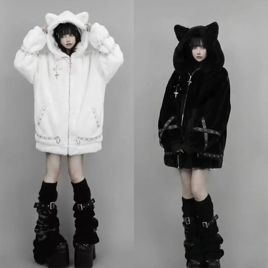 Vintage Punk Style Hoodie Long Sleeve Faux Fur Women Casual Zipper Hooded Gothic Y2K Subculture Harajuku Sweatshirts Autumn