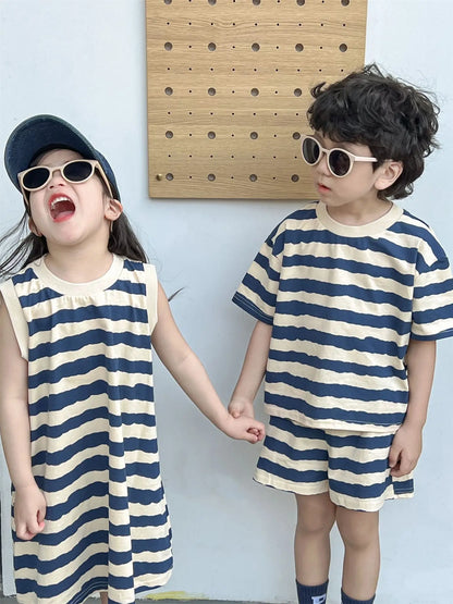 1pcs Summer Chldren Boy Stripe Short Sleeve Tops+Shorts Set Girl Sleeveless Vest Skirt Kids Toddler Fashion Leisure Clothes Set