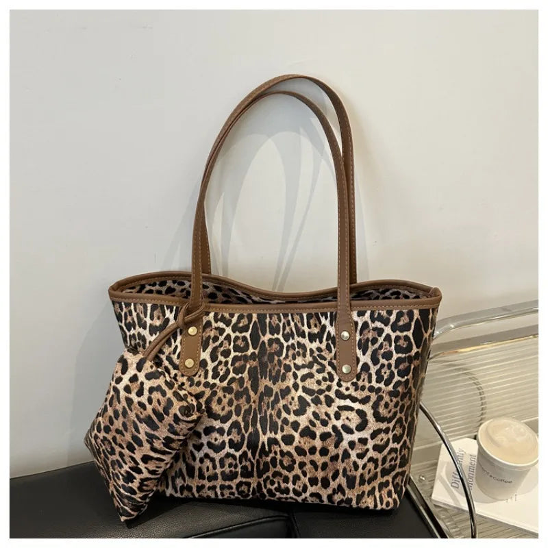 Leopard Print Tote Bag - Women's PU Leather Large Capacity Casual Travel Purse