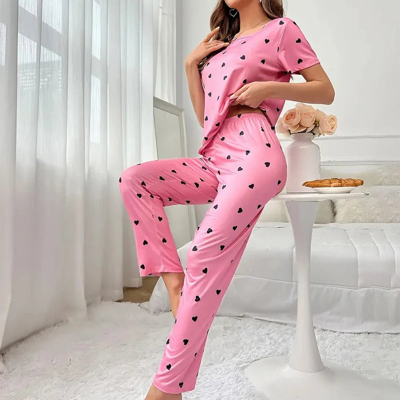 Women's Pajamas Set Casual Home Clothes Soft Comfortable Crew Neck T-Shirt & Plaid Pants Sleepwear Piece Loungewear Pyjama Femme