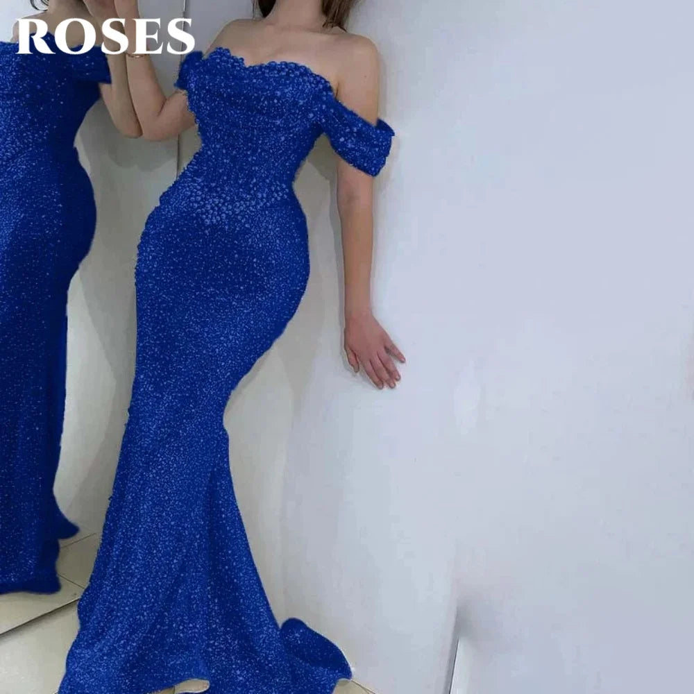 Prom Dress Off Shoulder - Custom Mermaid Trumpet Gown With Pearls & Sequins
