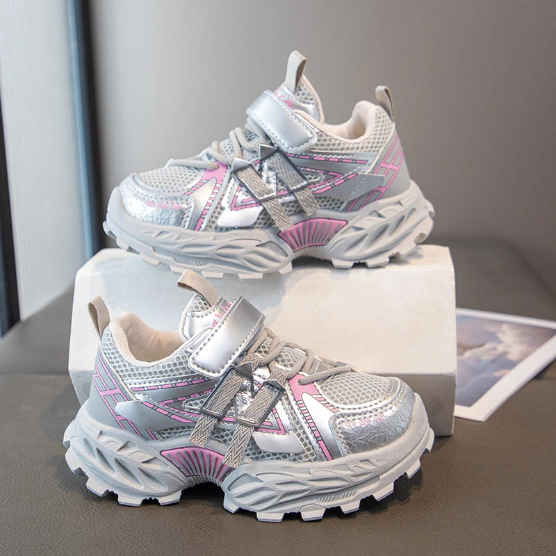 Girls Sports Shoes – Breathable Kids Mesh Sneakers With Rubber Outsole & Hook And Loop Closure