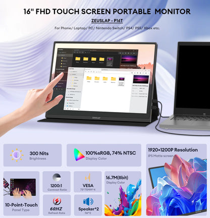 Portable Touch Screen Monitor 16 Inch IPS Panel Travel Display with USB Type-C & HDR10