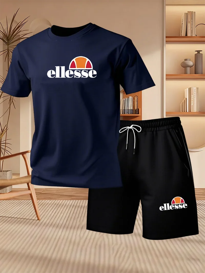 2026 Summer New Men's Fashion Outdoor Sports Set Printed Short Sleeve T-shirt+Shorts Loose Home Leisure Two Piece Set