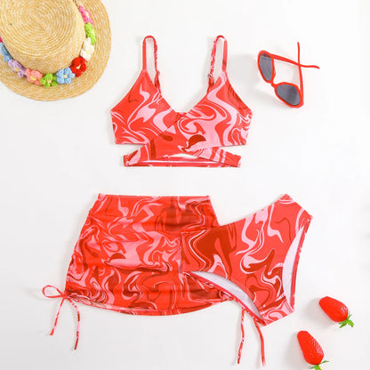 3pcs Swimming Suit for Girls Summer Beach Dress Swimsuit Tie-dye Printed Skirted Bikini Set Kids Bathing Suit