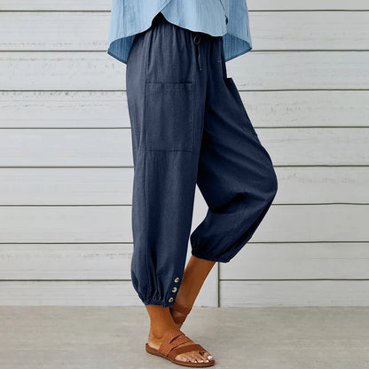 Cotton Linen Harem Pants Women Casual Elastic High Waist Lace Up Loose Ankle Trousers Vintage Harajuku Wide Leg Straight Pants