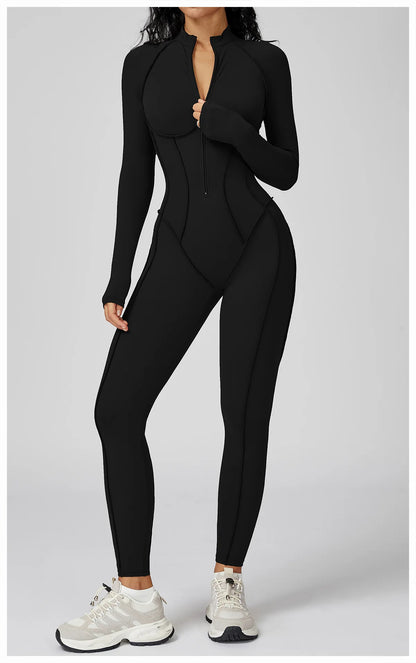 Women's Yoga Bodysuit - Long Sleeve Tracksuit Gym Zipper Suit, Breathable Fitness Jumpsuit