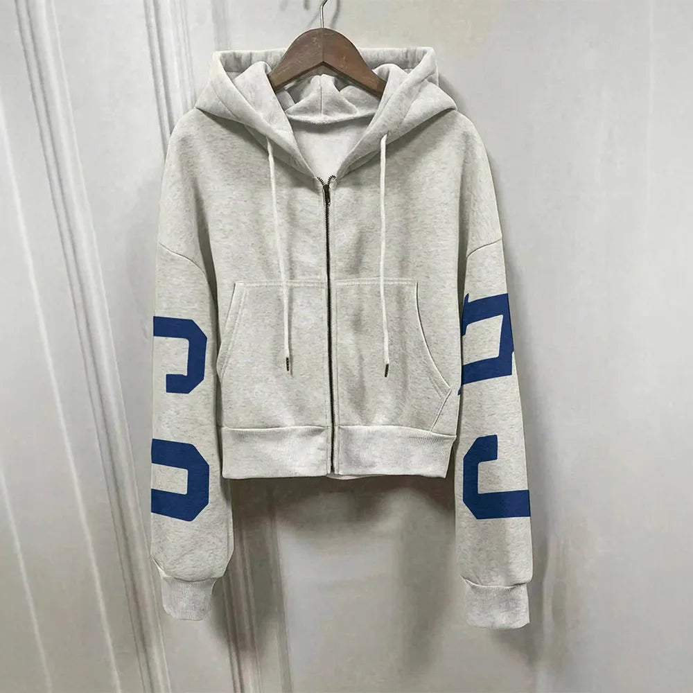 Women Y2K Crop Zip Up Hoodie Letter Print Oversized Long Sleeve Hooded Sweatshirt Casual Streetwear Short Jacket Outerwear