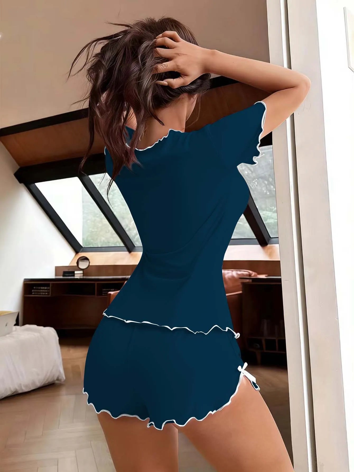Women's Sweet Pajamas Set Bow Short Sleeve Top And Shorts Sleepwear 2 Piece Set For Women Summer Casual Elastic Homewear