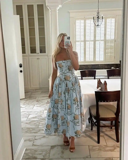 Summer Midi Dress - Women's Floral Print Elegant Camisole Fit and Flare Holiday Dress