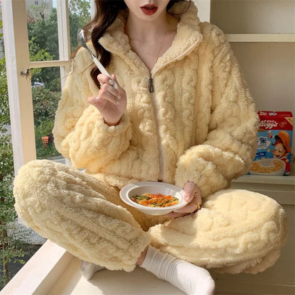 Autumn Winter Sweet Coral Fleece Pajamas Women Fleece-lined Thickened 2023 New Zip-up Flannel Warm Home Wear Set