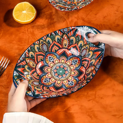 Bohemian Ceramic Salad Bowl Set - Microwave Safe Stackable Oval Plates with Handle 2PCS