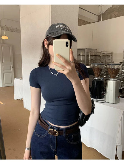 Basic Solid Crop Top Short Sleeve Crewneck Skinny T-shirt Summer Casual Tee for Women Y2K Vintage Top Harajuku Streetwear
